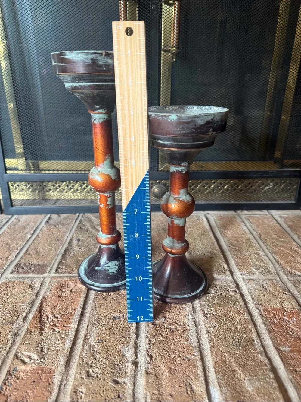 Rustic Distressed Brown & Turquoise Candle Holders - Home Accents